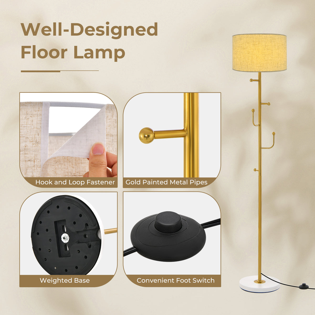 Freestanding Tall Pole Lamp with 5 Hooks and Sturdy Base for Entryway and Living Room