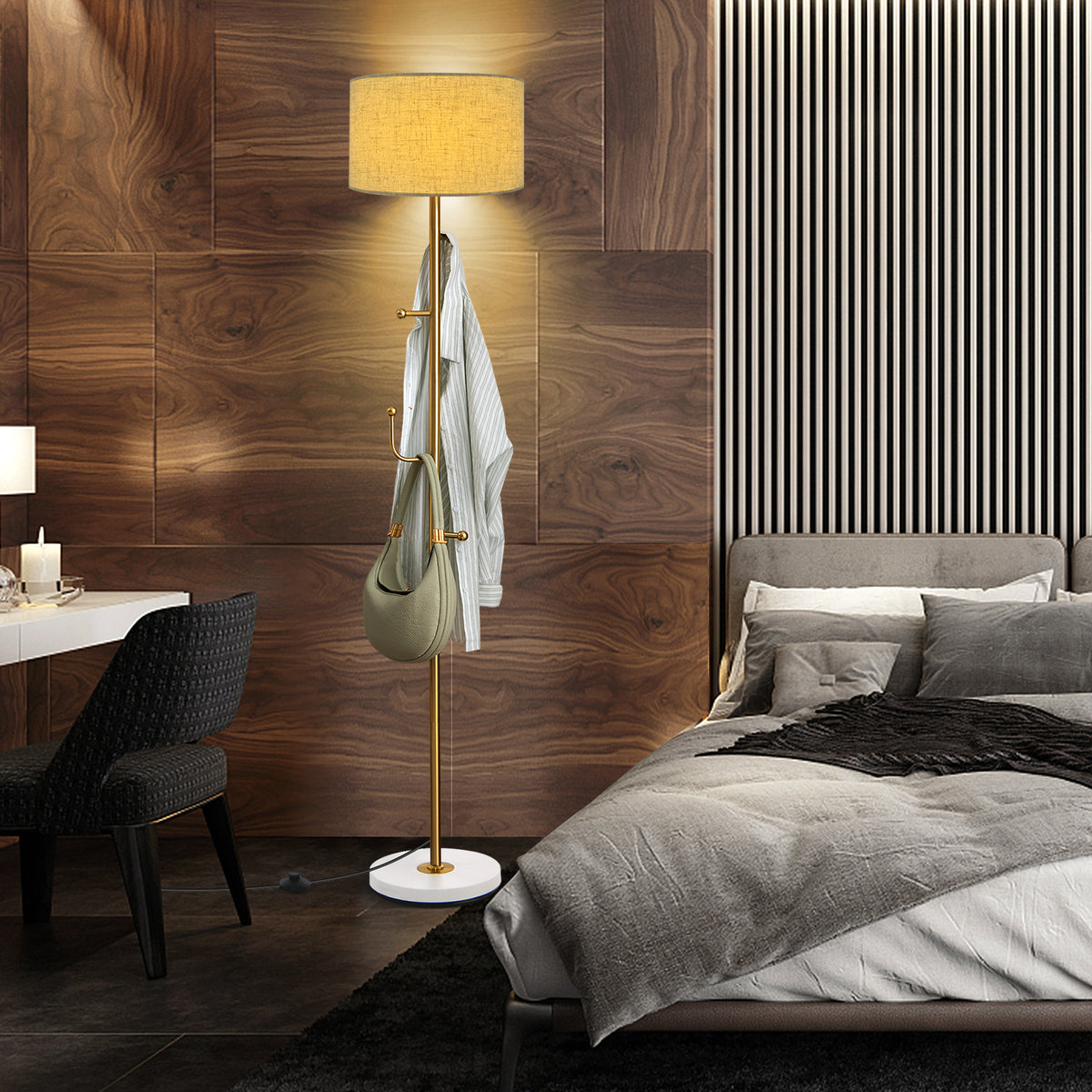 Freestanding Tall Pole Lamp with 5 Hooks and Sturdy Base for Entryway and Living Room