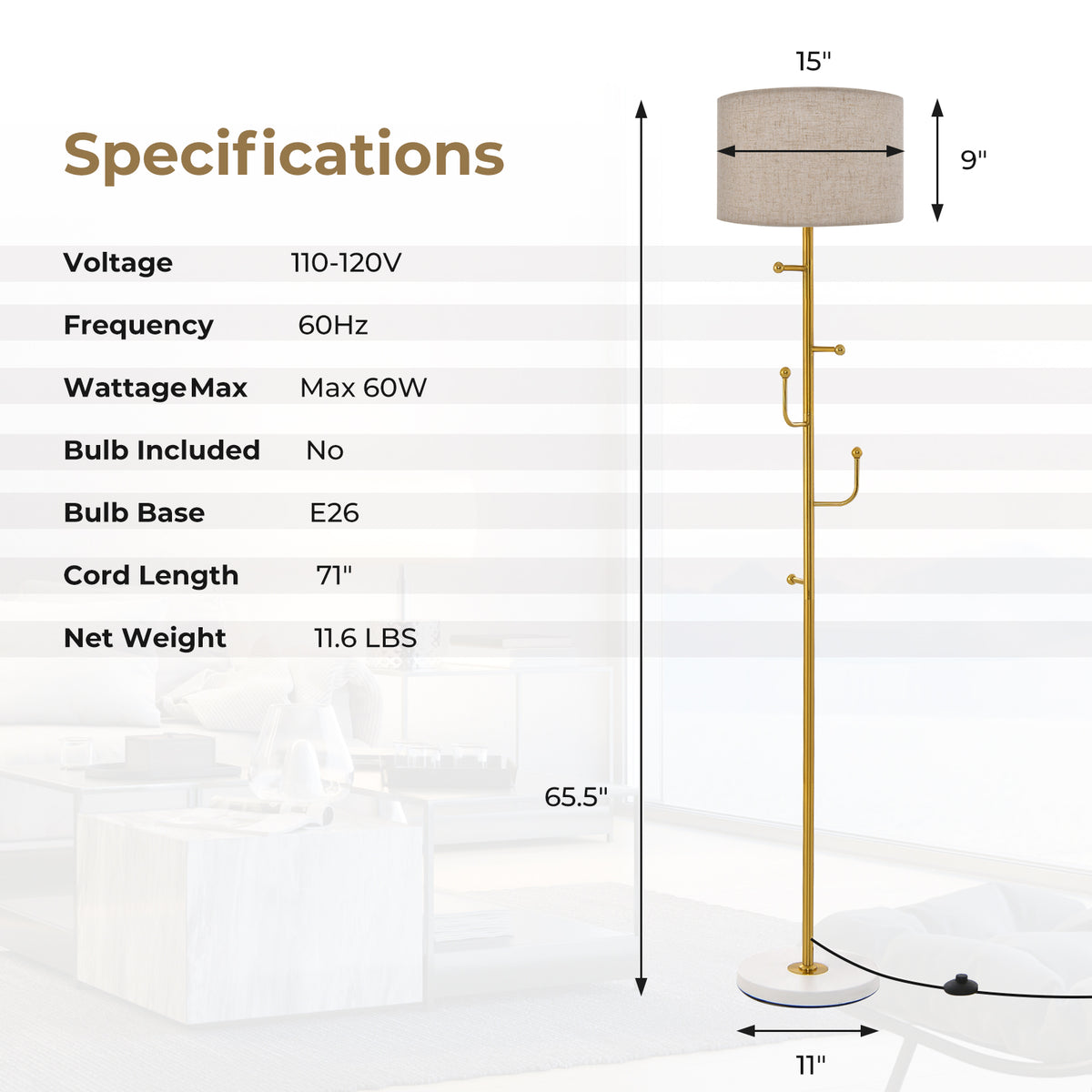 Freestanding Tall Pole Lamp with 5 Hooks and Sturdy Base for Entryway and Living Room