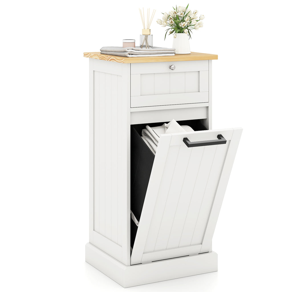 Tilt Out Laundry Hamper Cabinet with Drawer, White