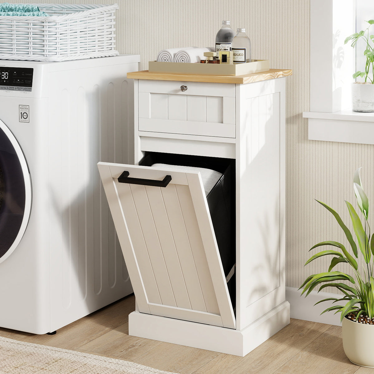 Tilt Out Laundry Hamper Cabinet with Drawer, White