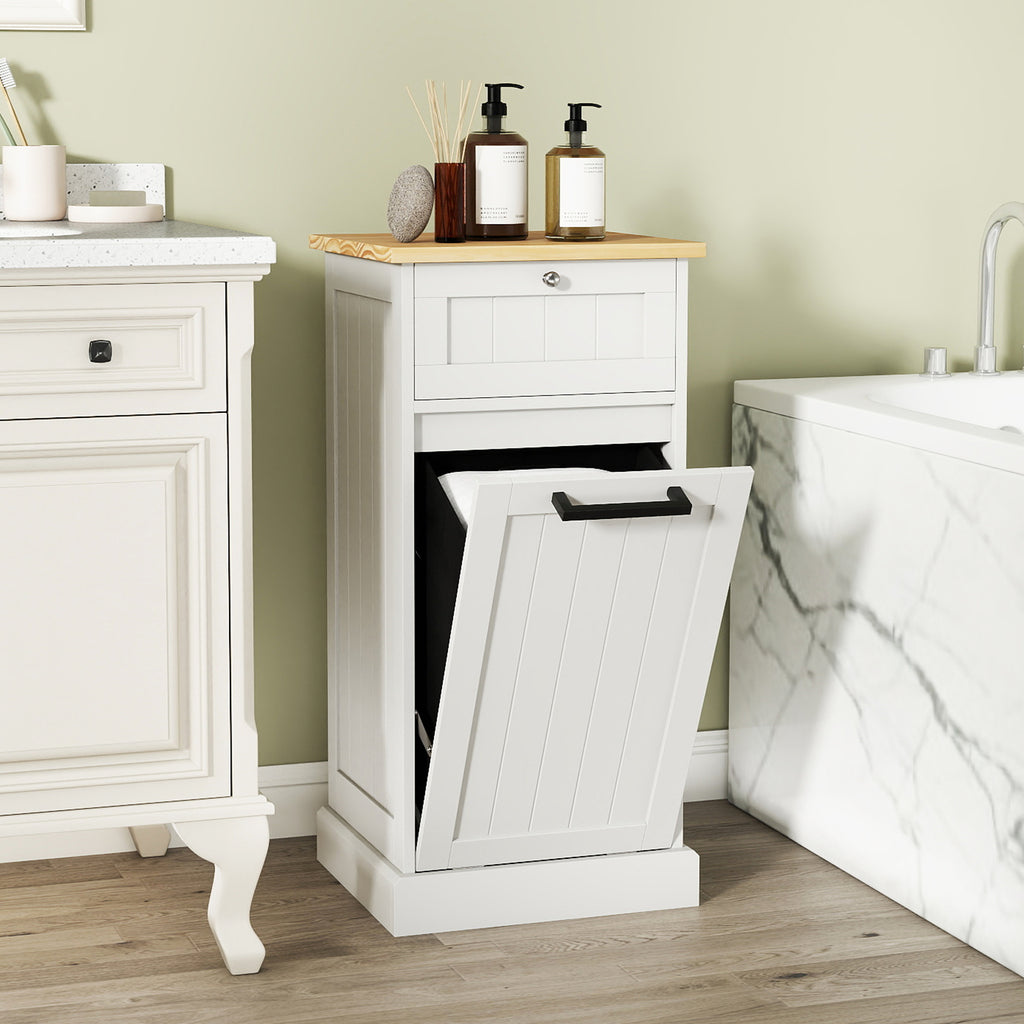 Tilt Out Laundry Hamper Cabinet with Drawer, White