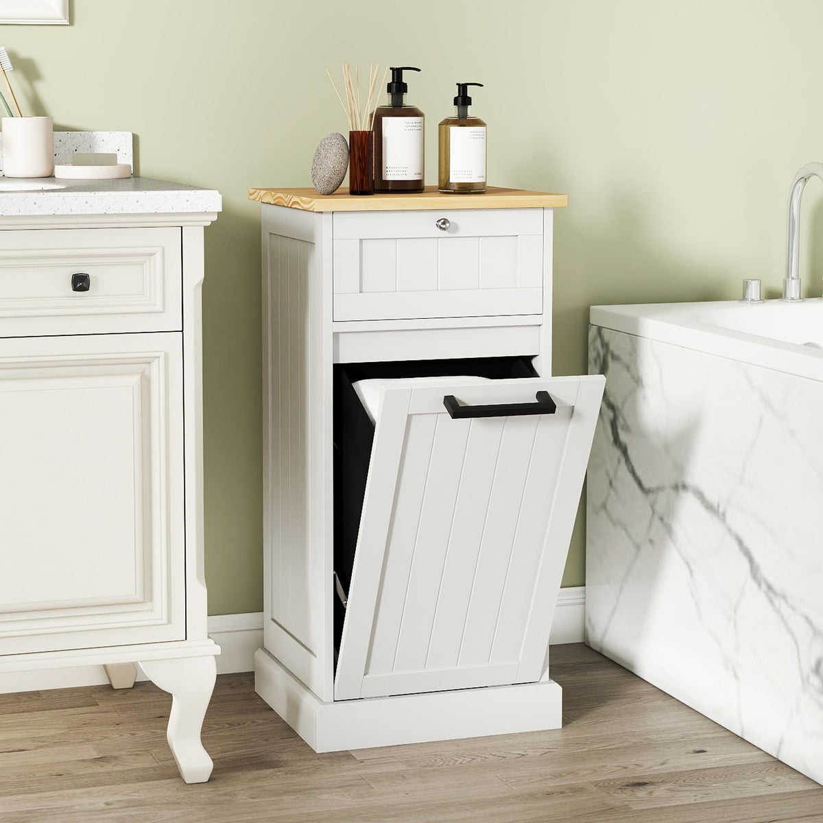 Tilt Out Laundry Hamper Cabinet with Drawer, White