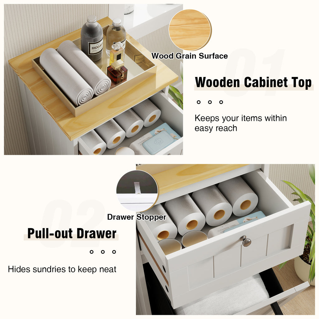Tilt Out Laundry Hamper Cabinet with Drawer, White