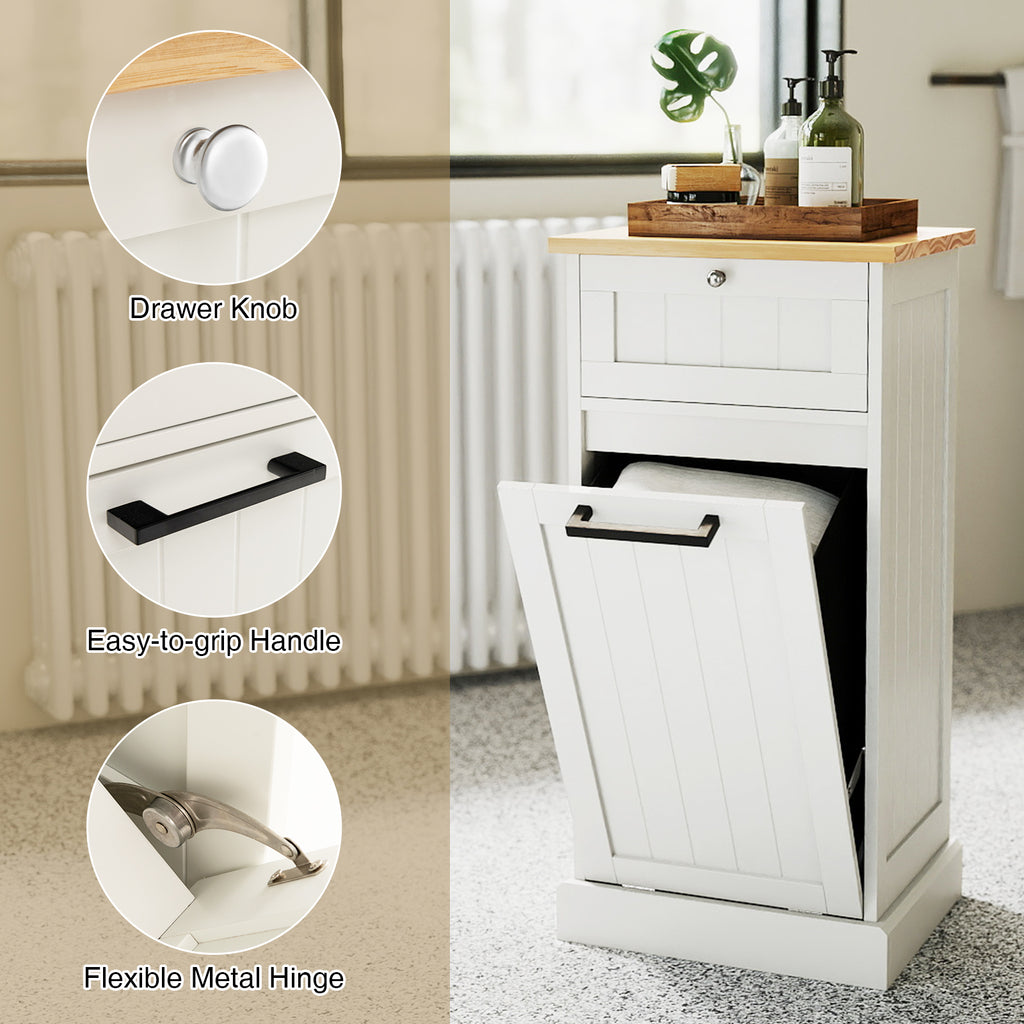 Tilt Out Laundry Hamper Cabinet with Drawer, White