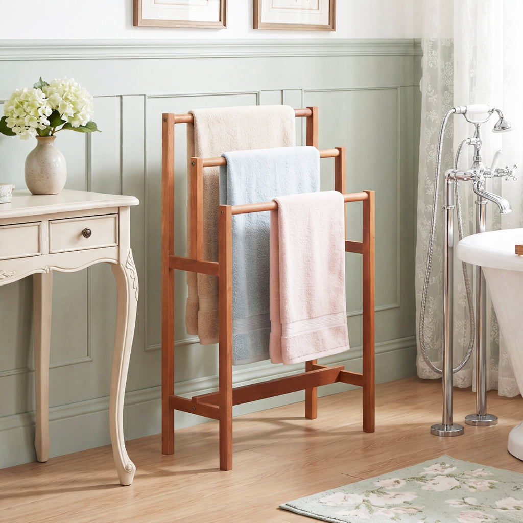 Solid Wood 3-Tier Towel Rack - Freestanding