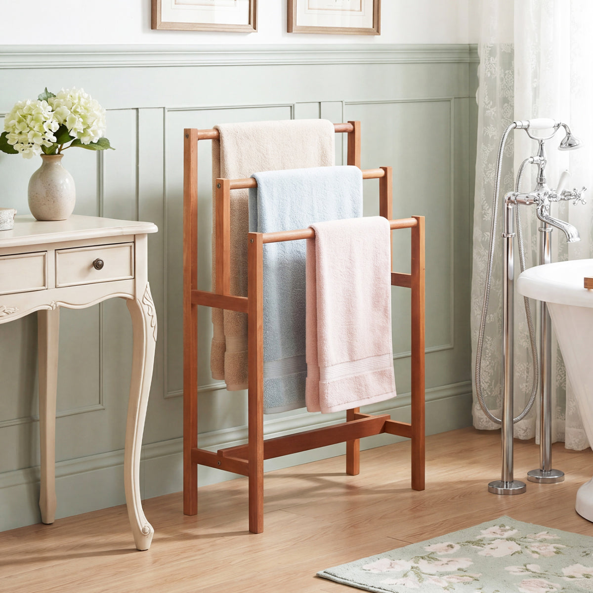 Solid Wood 3-Tier Towel Rack - Freestanding