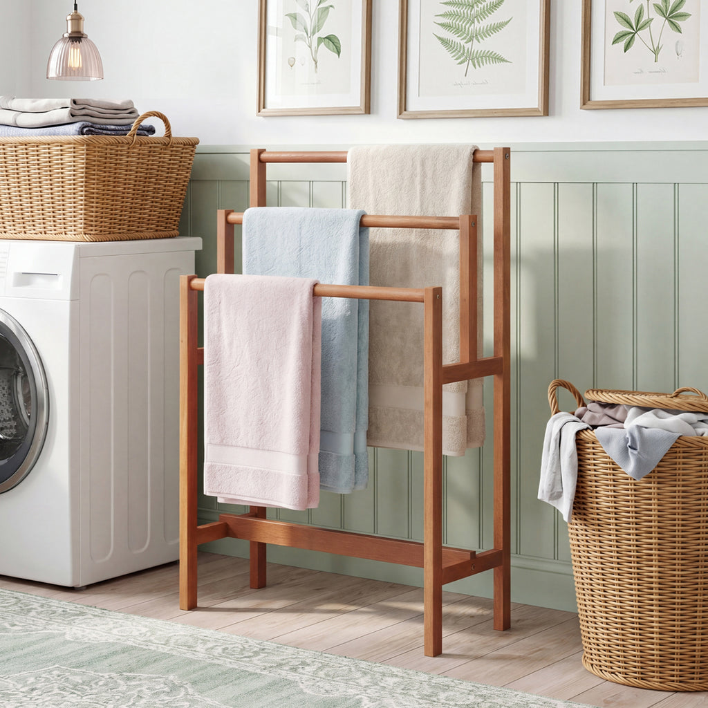 Solid Wood 3-Tier Towel Rack - Freestanding