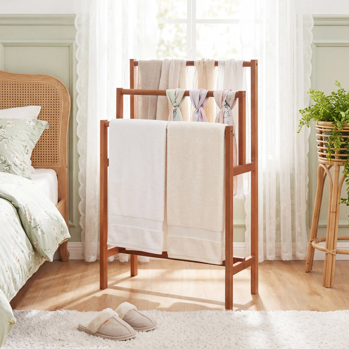Solid Wood 3-Tier Towel Rack - Freestanding