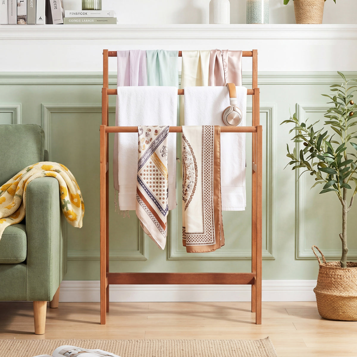Solid Wood 3-Tier Towel Rack - Freestanding