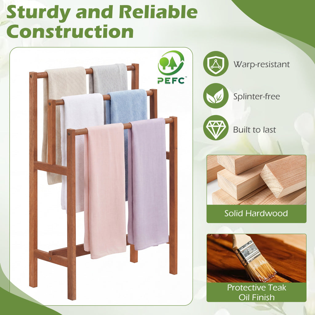 Solid Wood 3-Tier Towel Rack - Freestanding