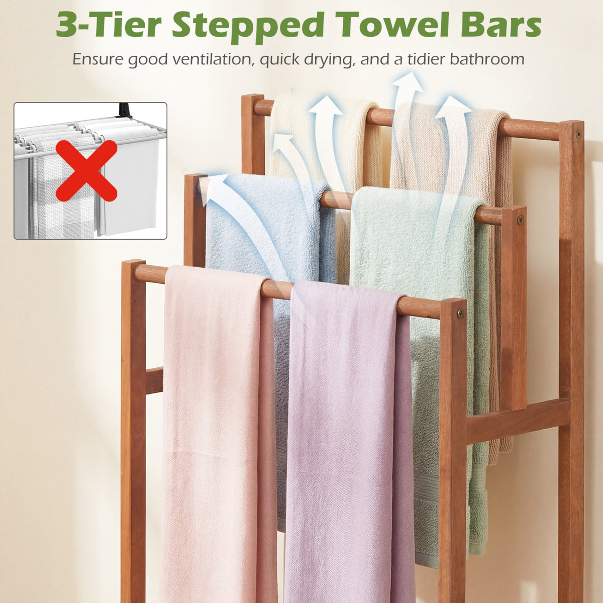 Solid Wood 3-Tier Towel Rack - Freestanding
