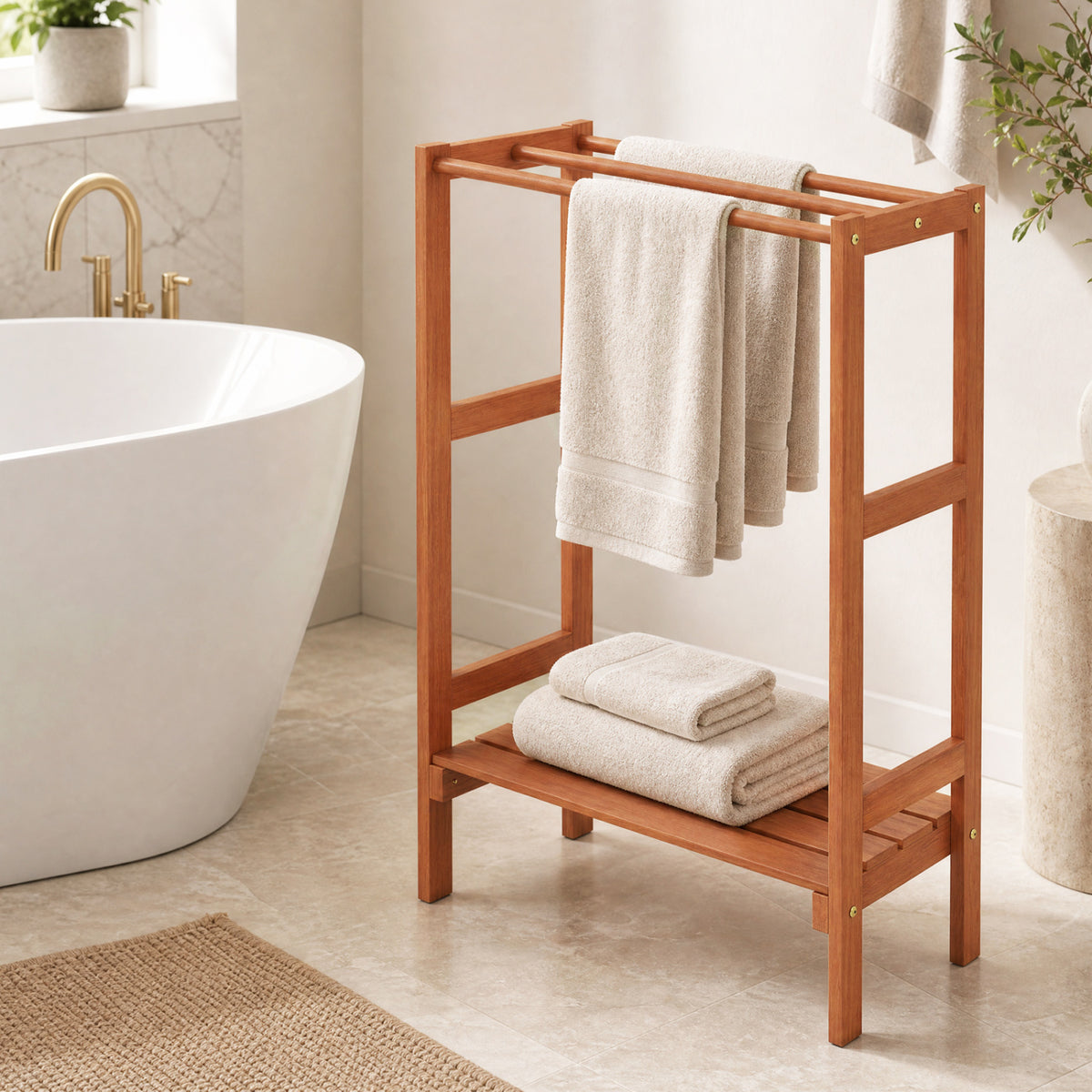 Freestanding Towel Rack with 3 Hanging Bars & Bottom Shelf for