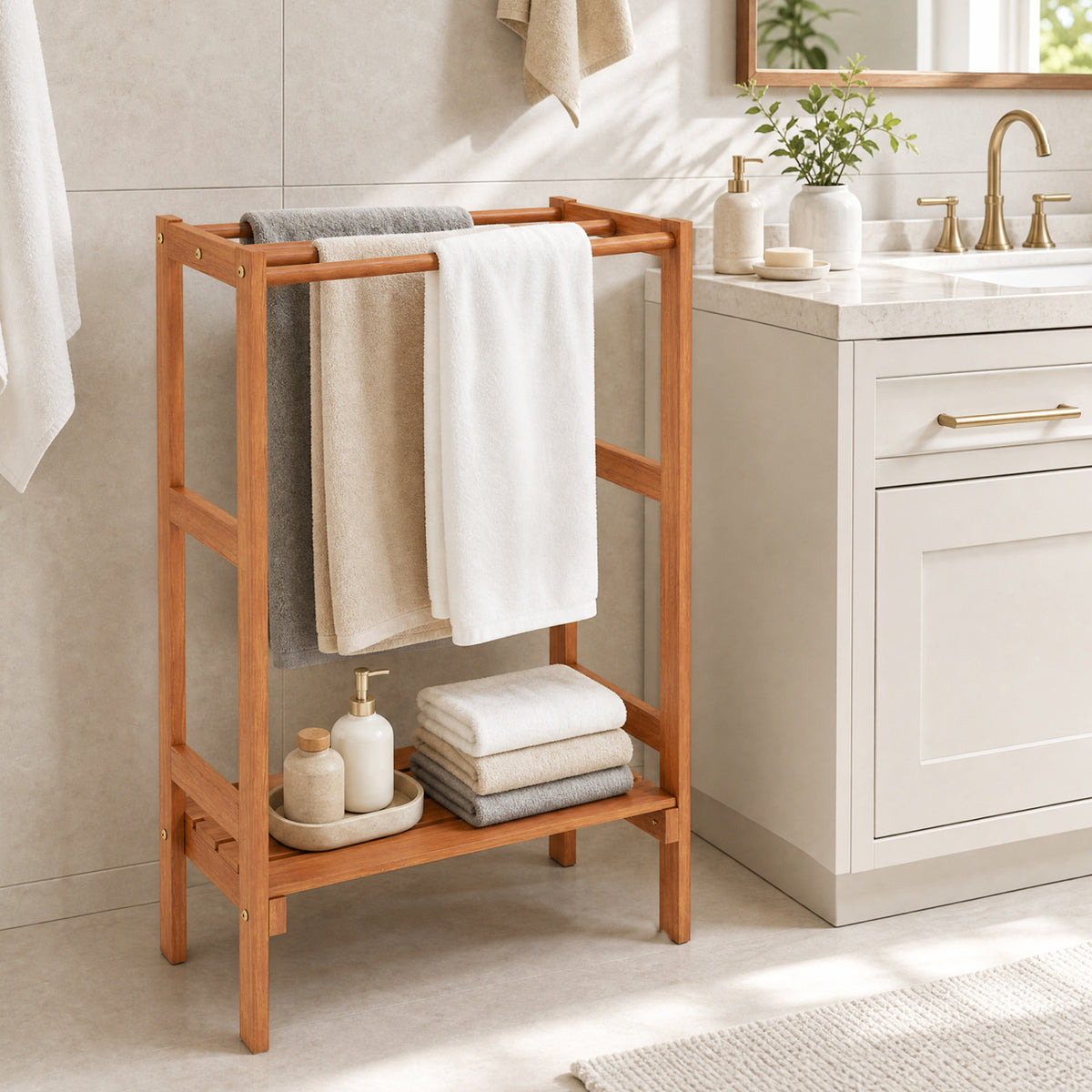 Freestanding Towel Rack with 3 Hanging Bars & Bottom Shelf for