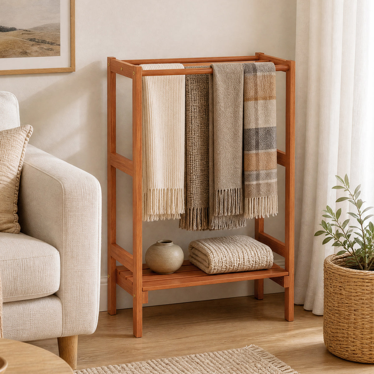 Freestanding Towel Rack with 3 Hanging Bars & Bottom Shelf for