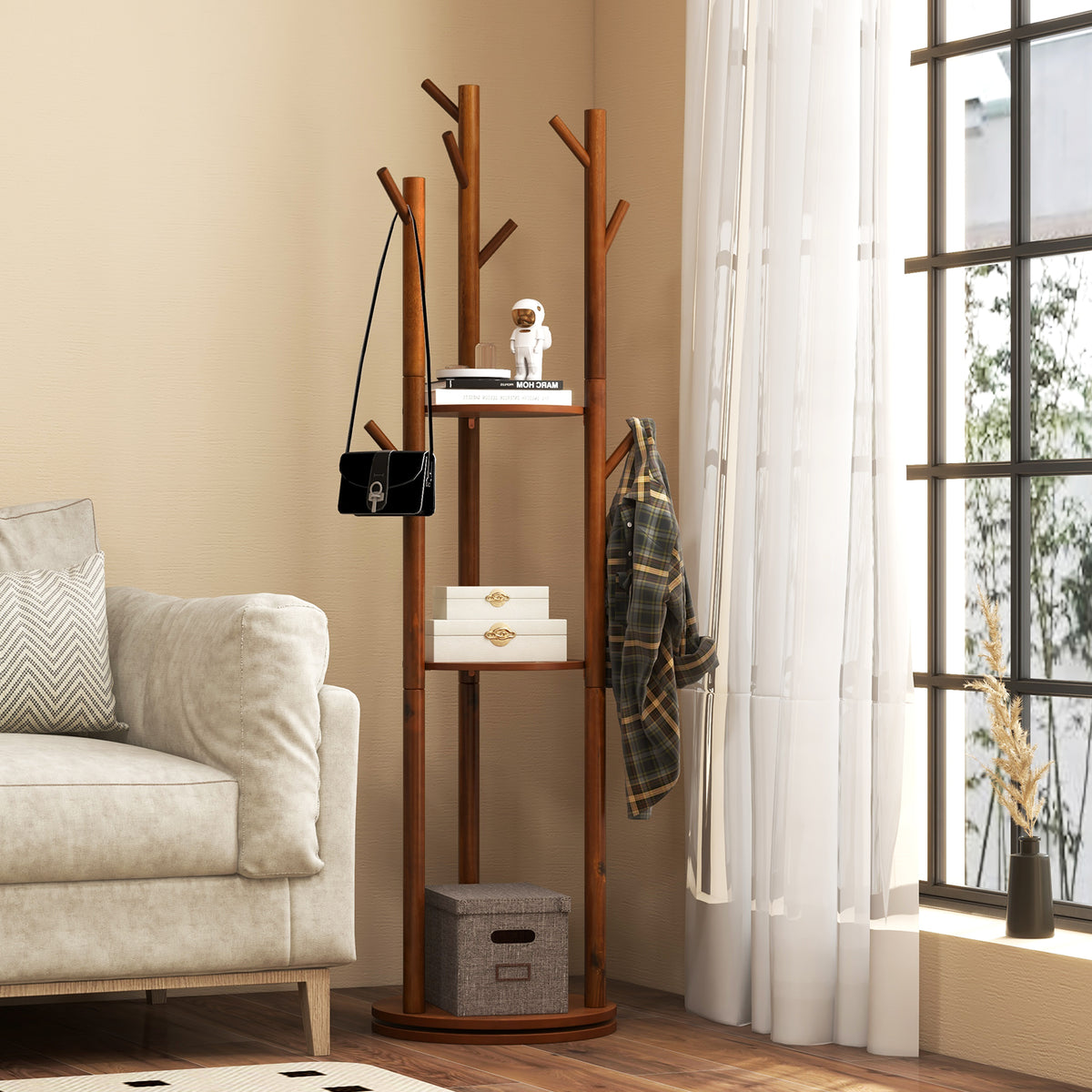 Wooden Coat Tree with 3 Shelves & 9 Hooks