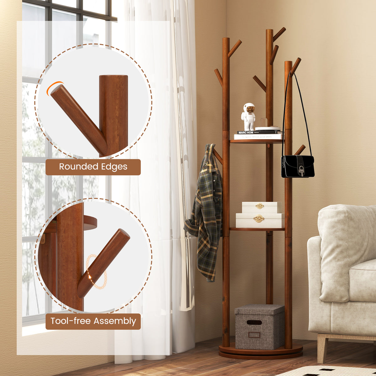 Wooden Coat Tree with 3 Shelves & 9 Hooks