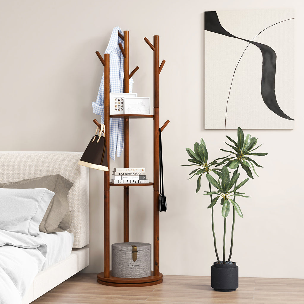 Wooden Coat Tree with 3 Shelves & 9 Hooks