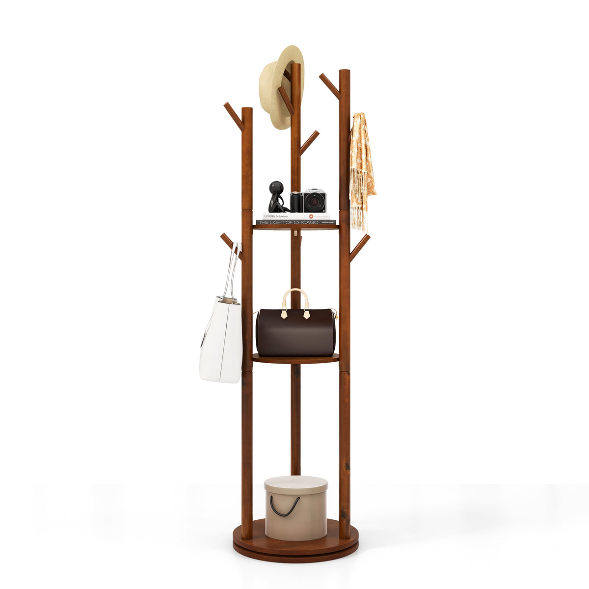 Wooden Coat Tree with 3 Shelves & 9 Hooks