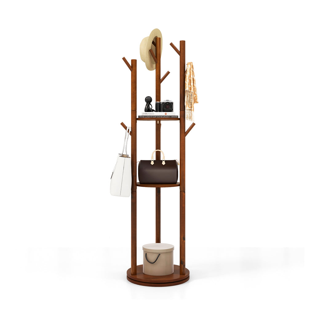 Wooden Coat Tree with 3 Shelves & 9 Hooks