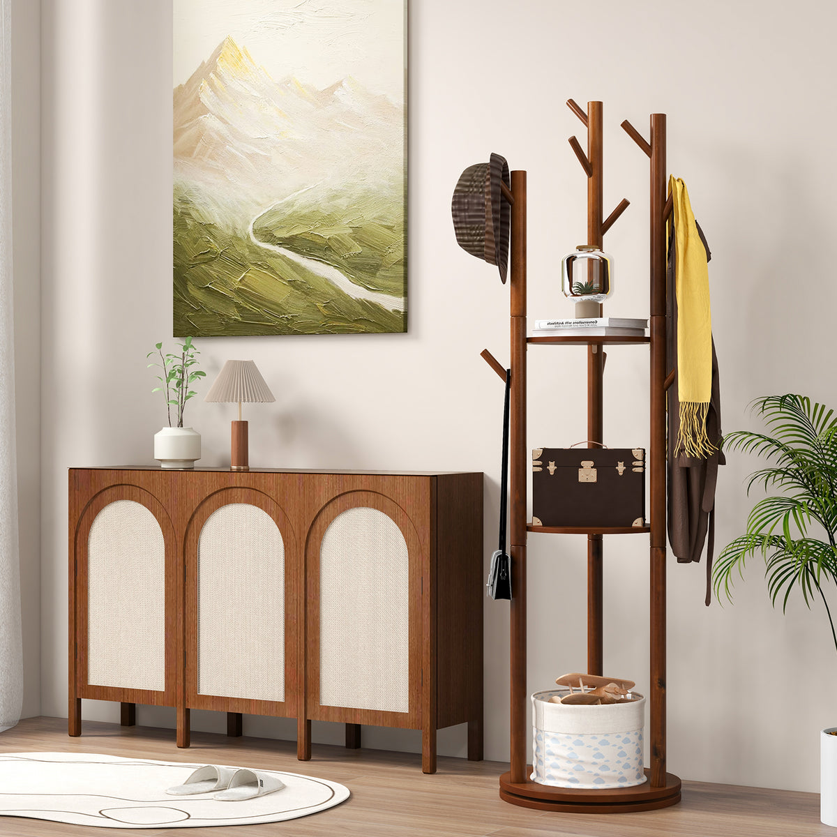 Wooden Coat Tree with 3 Shelves & 9 Hooks