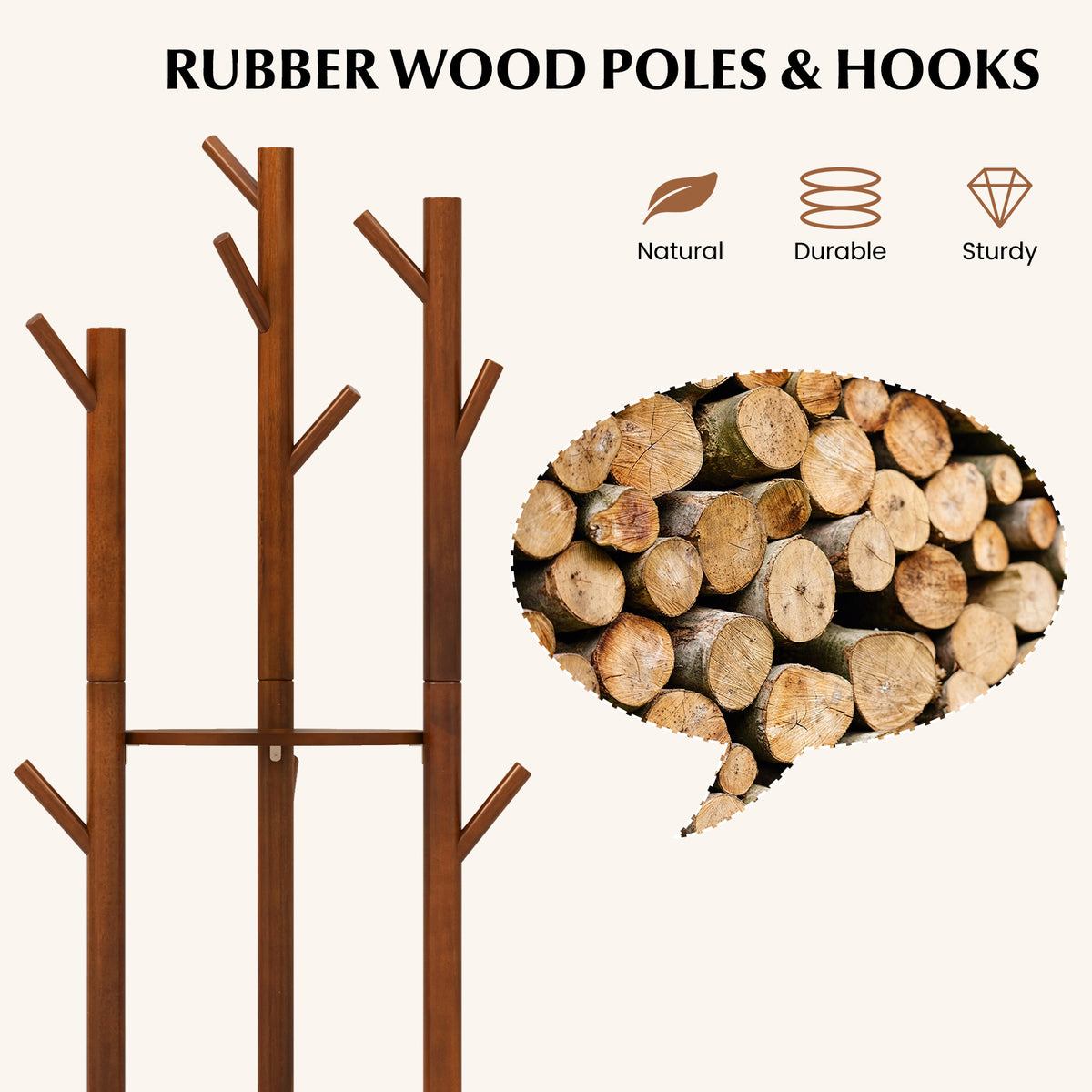 Wooden Coat Tree with 3 Shelves & 9 Hooks
