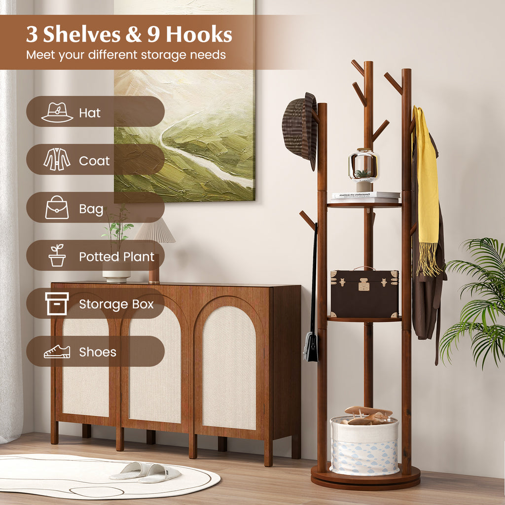 Wooden Coat Tree with 3 Shelves & 9 Hooks