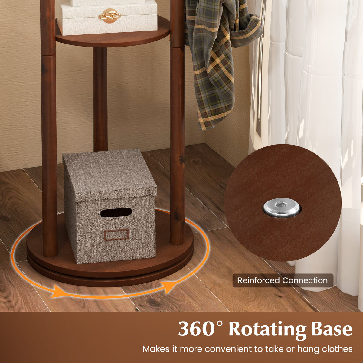 Wooden Coat Tree with 3 Shelves & 9 Hooks