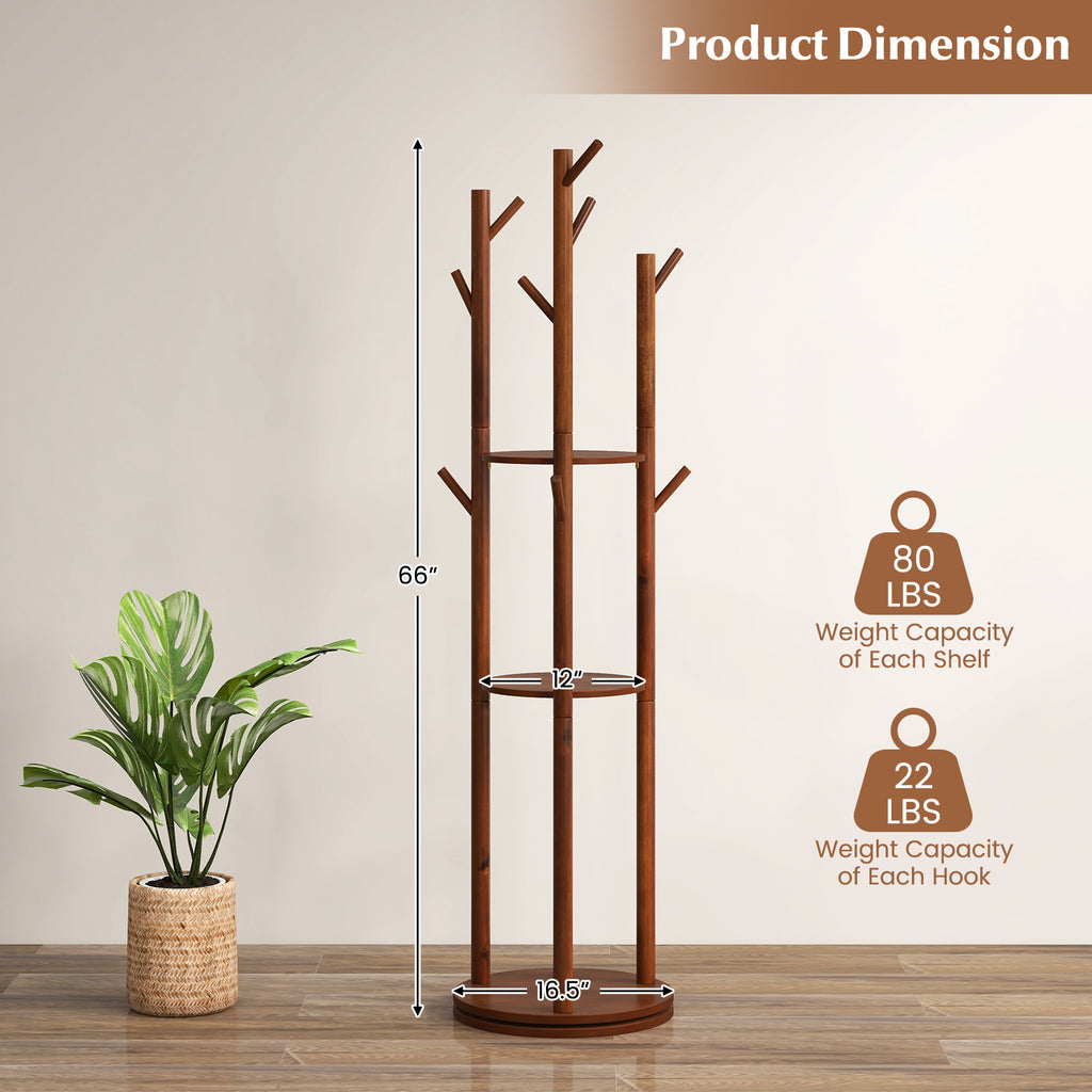 Wooden Coat Tree with 3 Shelves & 9 Hooks