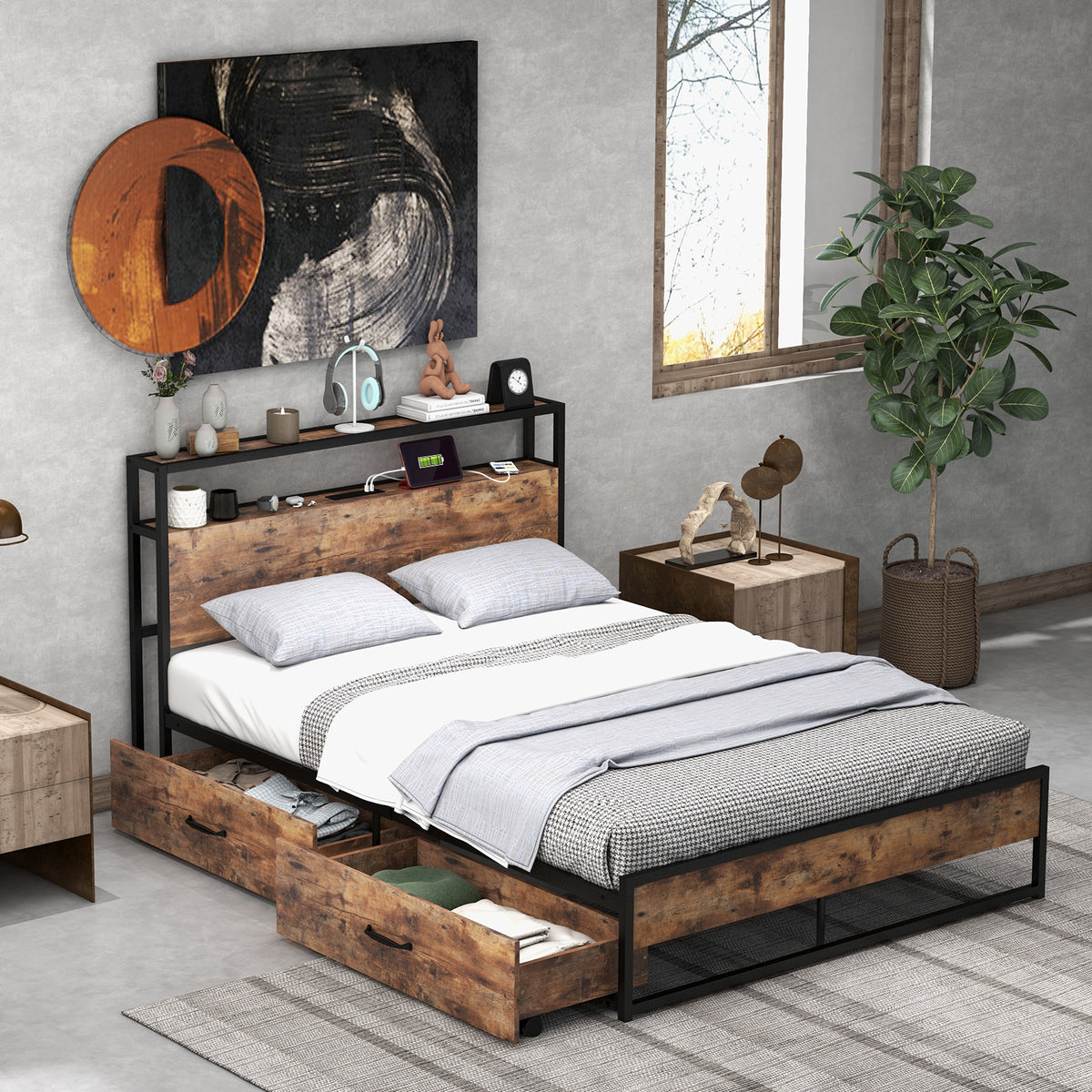 Full Queen Bed Frame with 2 Storage Drawers & Charging Station - Industrial
