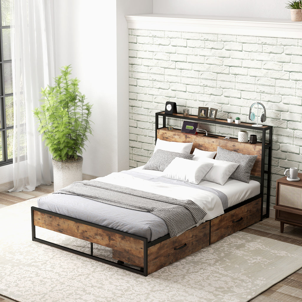 Full Queen Bed Frame with 2 Storage Drawers & Charging Station - Industrial