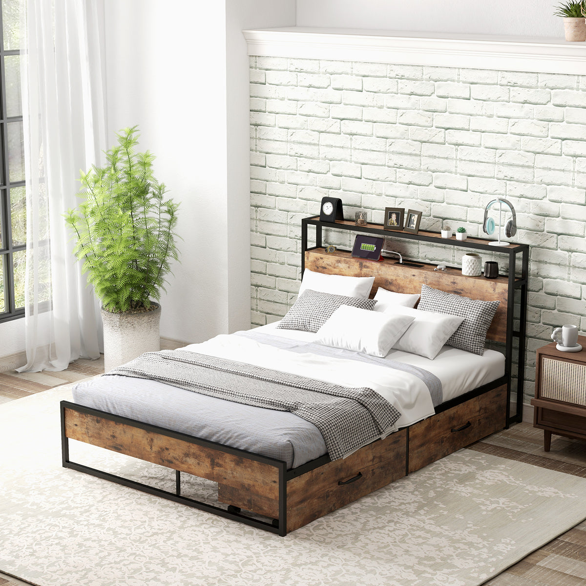 Full Queen Bed Frame with 2 Storage Drawers & Charging Station - Industrial