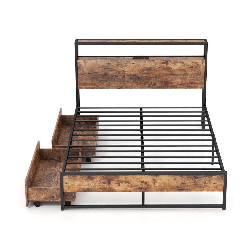 Full Queen Bed Frame with 2 Storage Drawers & Charging Station - Industrial