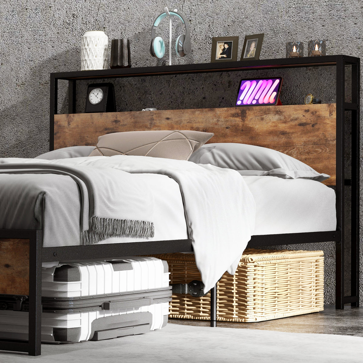 Full Queen Bed Frame with 2 Storage Drawers & Charging Station - Industrial