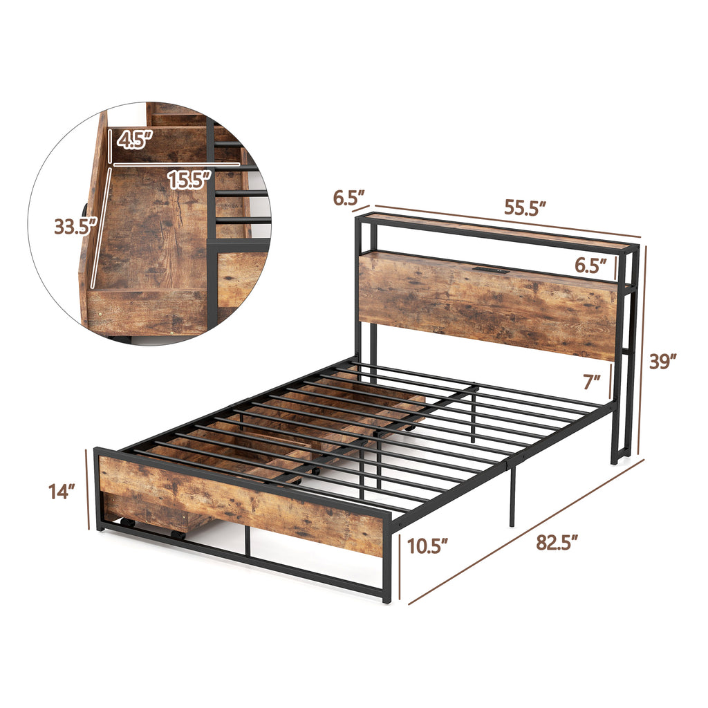 Full Queen Bed Frame with 2 Storage Drawers & Charging Station - Industrial