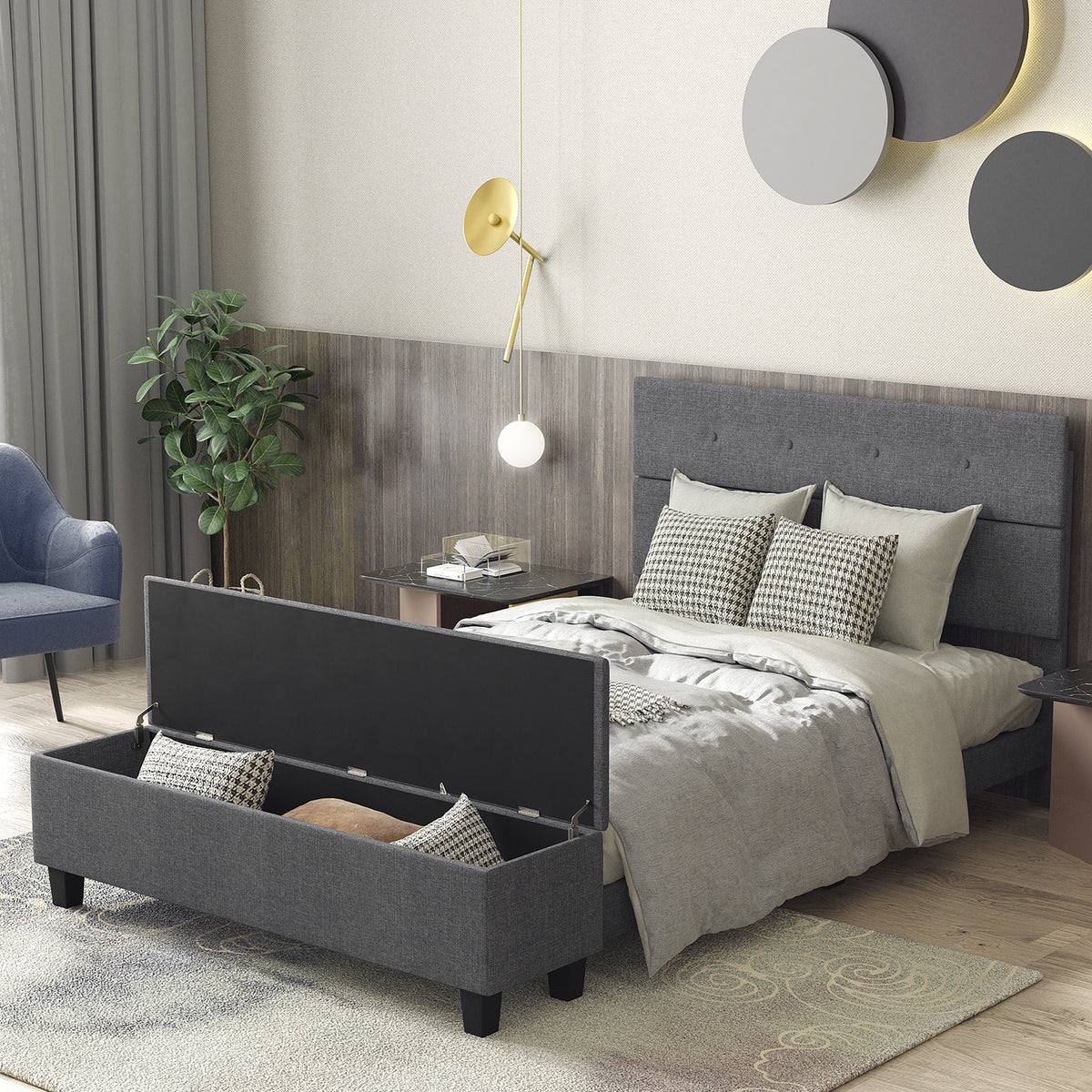 Full Size Upholstered Bed Frame with Ottoman Storage