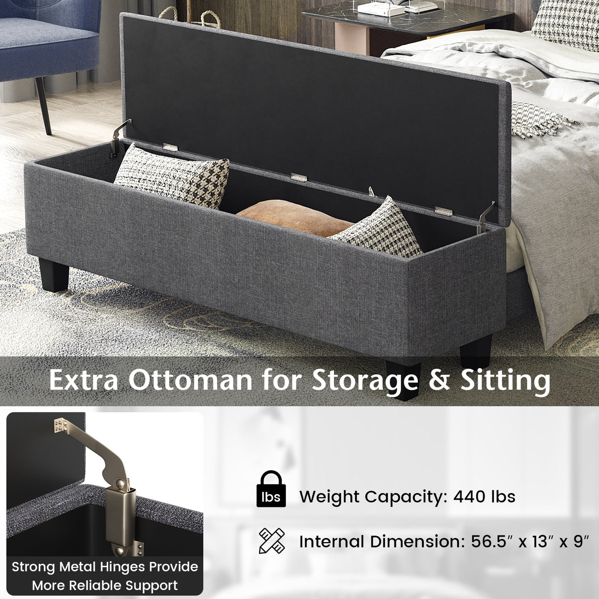 Full Size Upholstered Bed Frame with Ottoman Storage