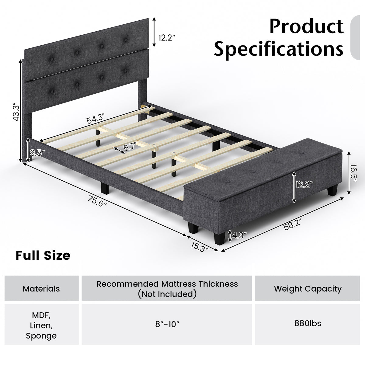 Upholstered Bed Frame with Storage - Full Size