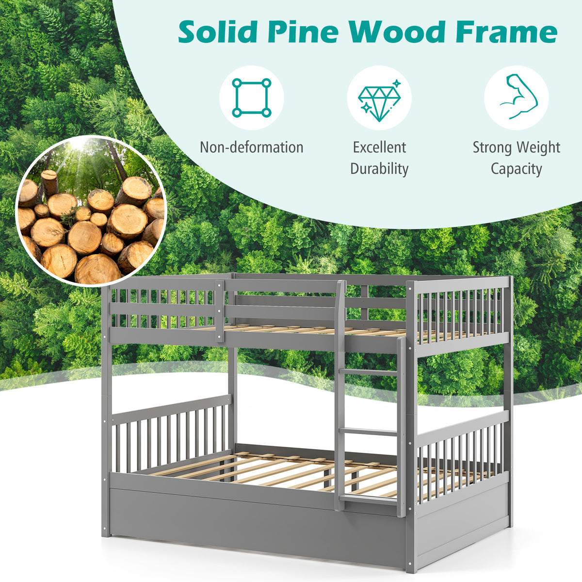 Full over Full Bunk Bed with Ladder - Gray Wood