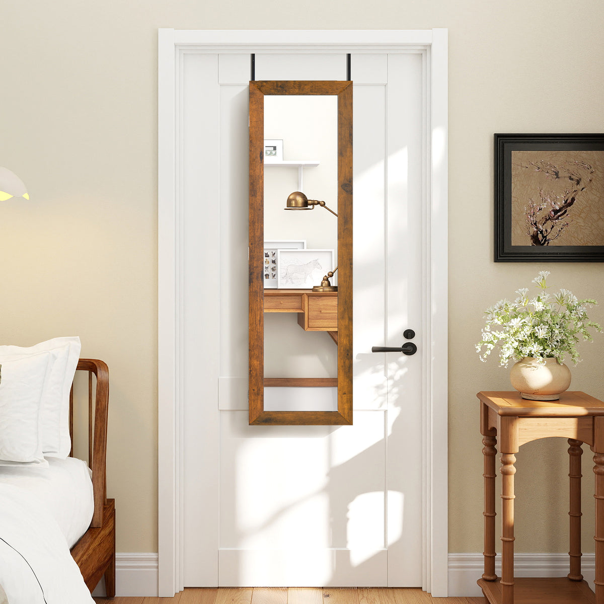 Wall-Mounted Jewelry Armoire with Mirror - Rustic Brown