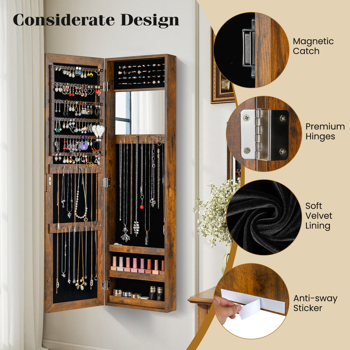 Wall-Mounted Jewelry Armoire with Mirror - Rustic Brown