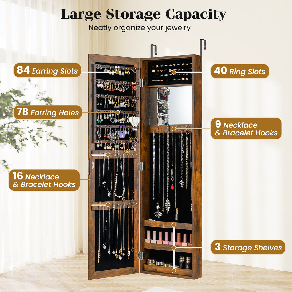 Wall-Mounted Jewelry Armoire with Mirror - Rustic Brown