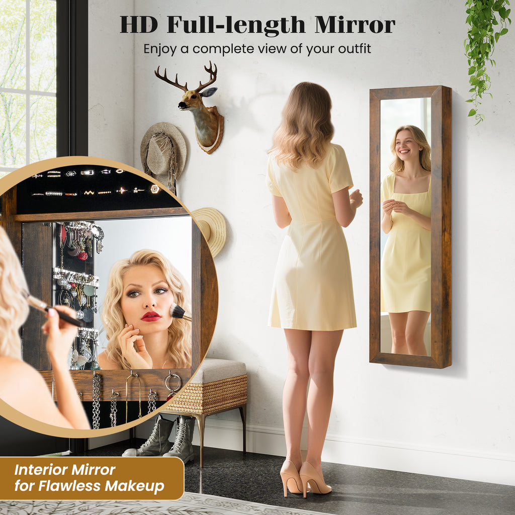 Wall-Mounted Jewelry Armoire with Mirror - Rustic Brown