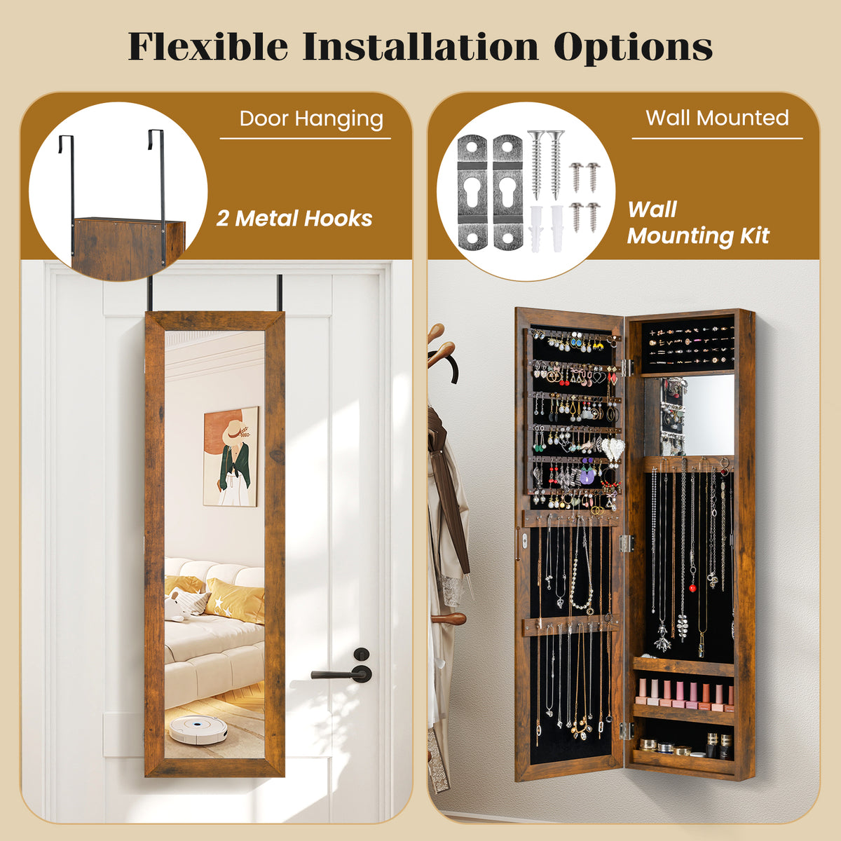 Wall-Mounted Jewelry Armoire with Mirror - Rustic Brown