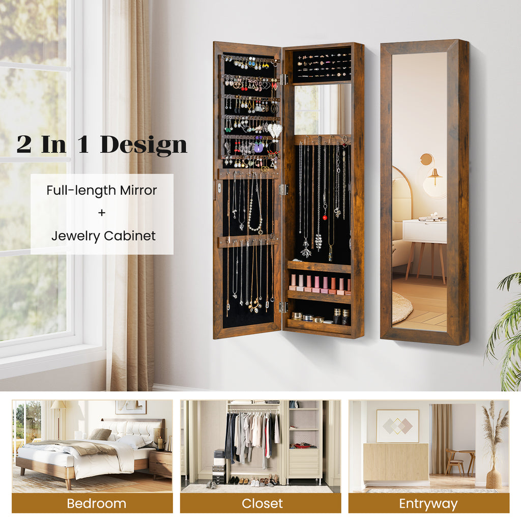 Wall-Mounted Jewelry Armoire with Mirror - Rustic Brown
