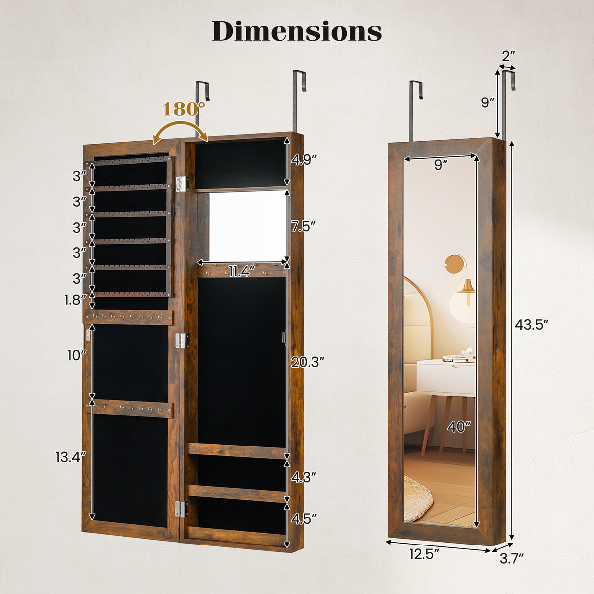 Wall-Mounted Jewelry Armoire with Mirror - Rustic Brown