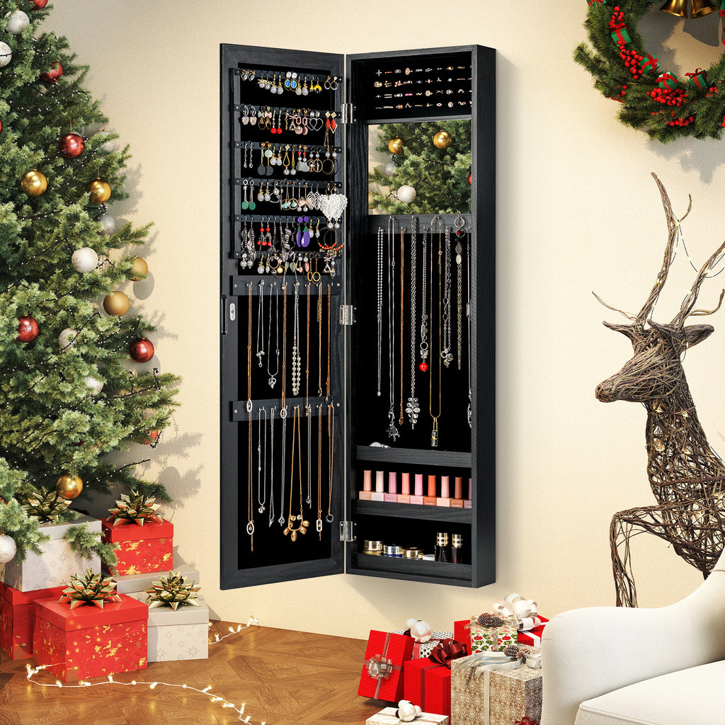 Jewelry Cabinet with Mirror & Shelves – Wall/Door Mount, Black