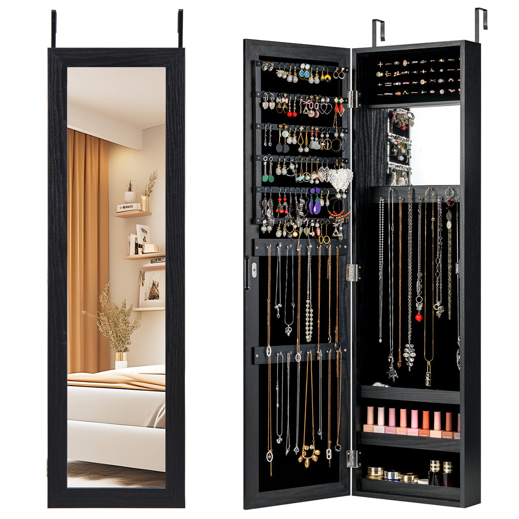 Jewelry Cabinet with Mirror & Shelves – Wall/Door Mount, Black