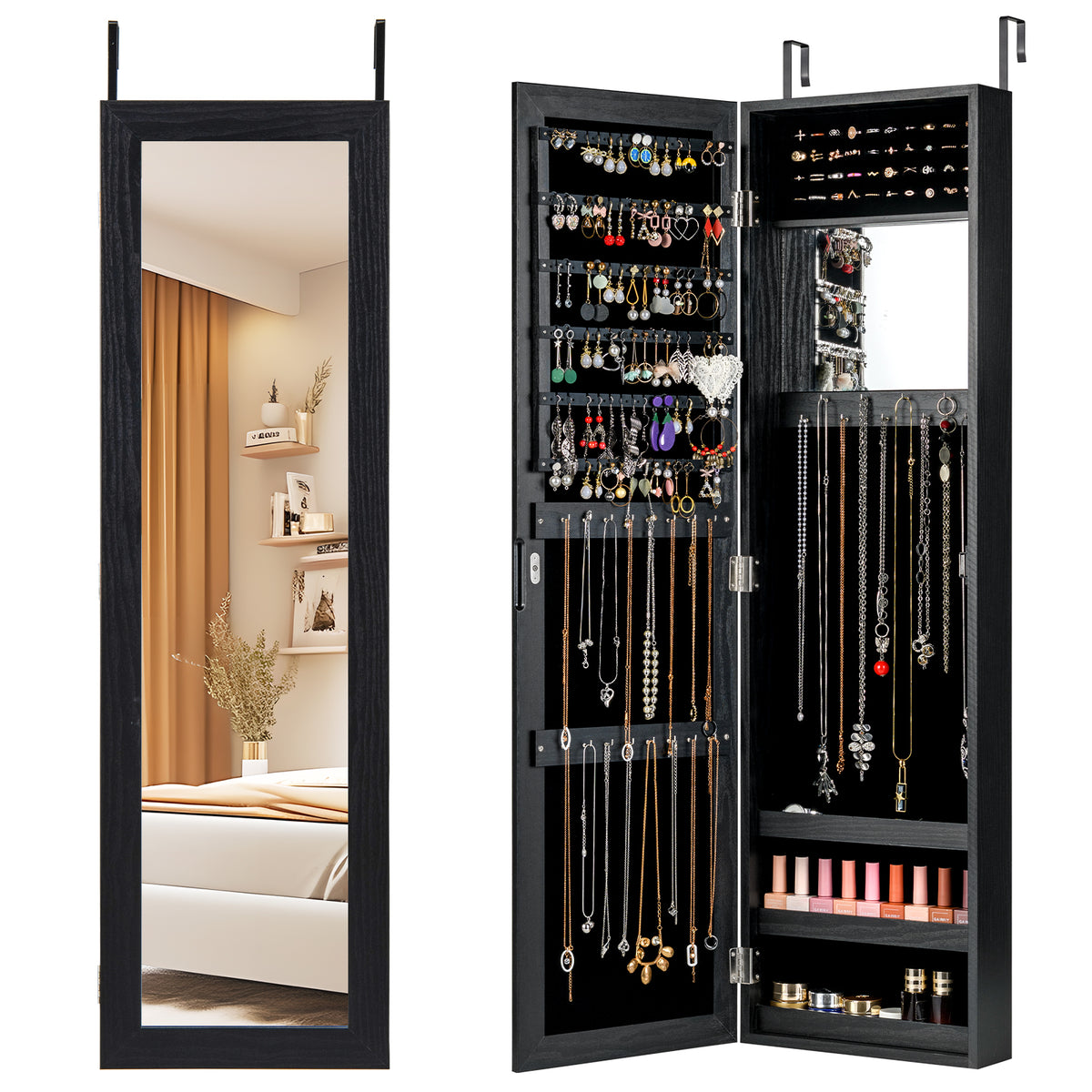 Jewelry Cabinet with Mirror & Shelves – Wall/Door Mount, Black