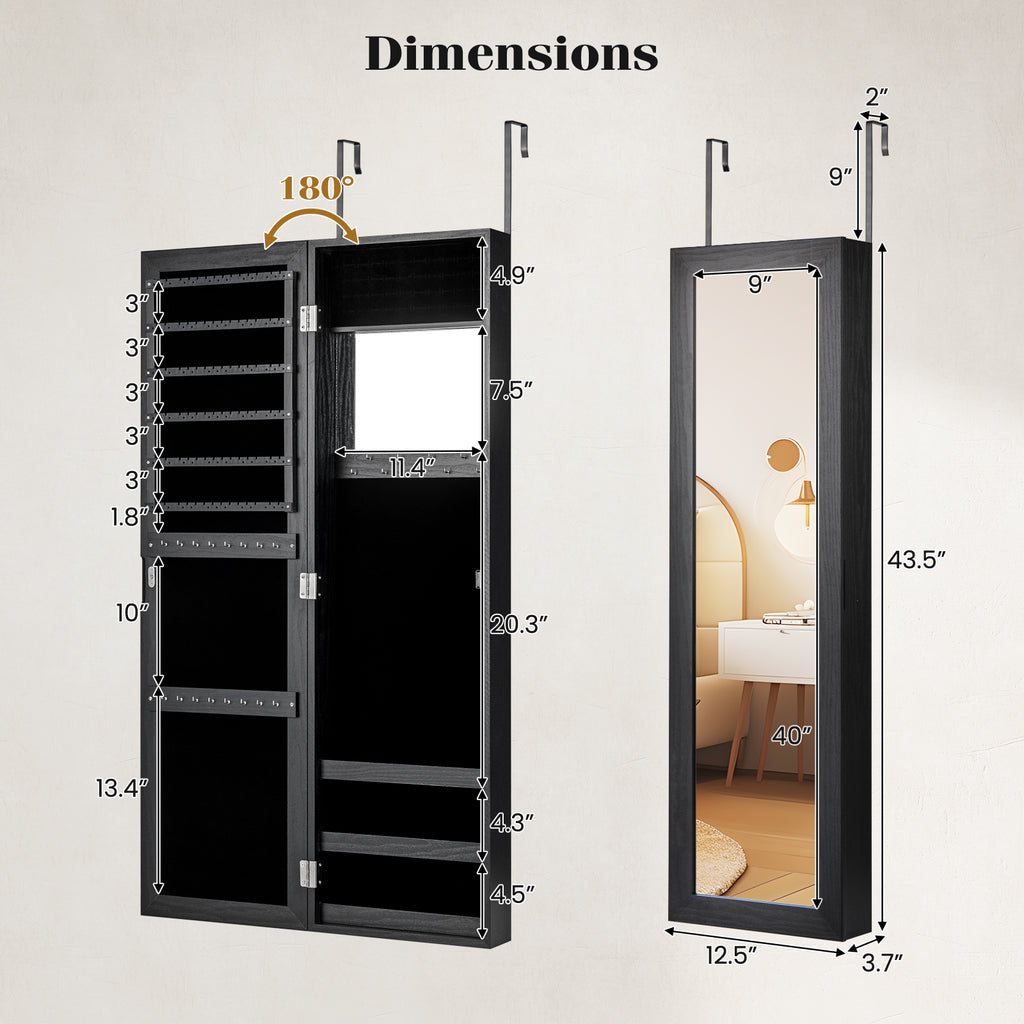 Jewelry Cabinet with Mirror & Shelves – Wall/Door Mount, Black